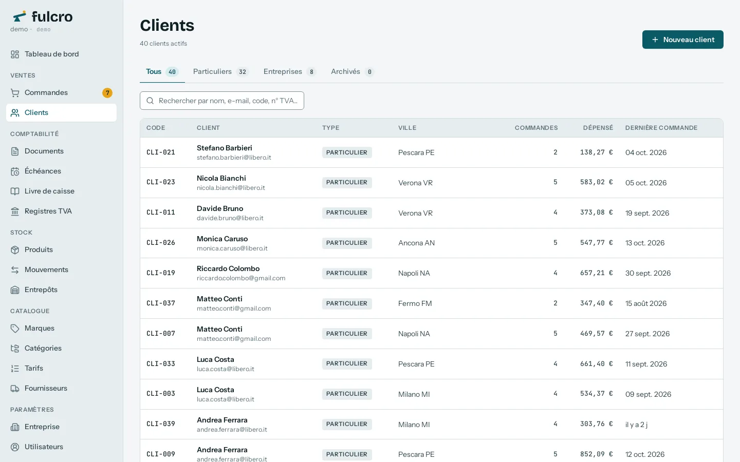 La liste des clients de Fulcro avec nombre de commandes, dépenses totales et dernière commande