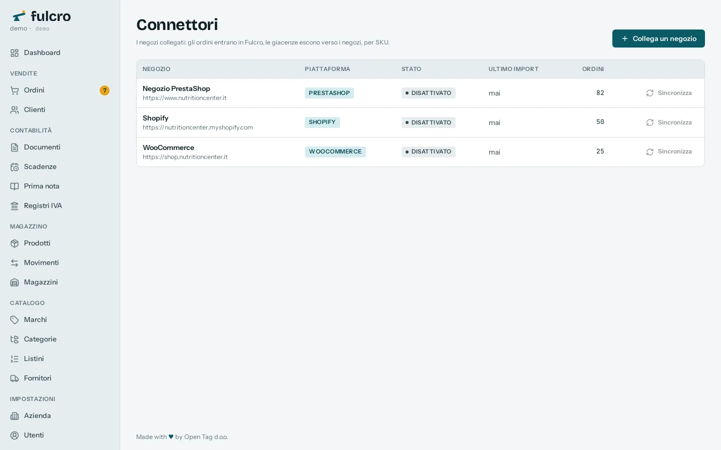 I connettori e-commerce di Fulcro: PrestaShop, WooCommerce e Shopify con stato e ultima sincronizzazione