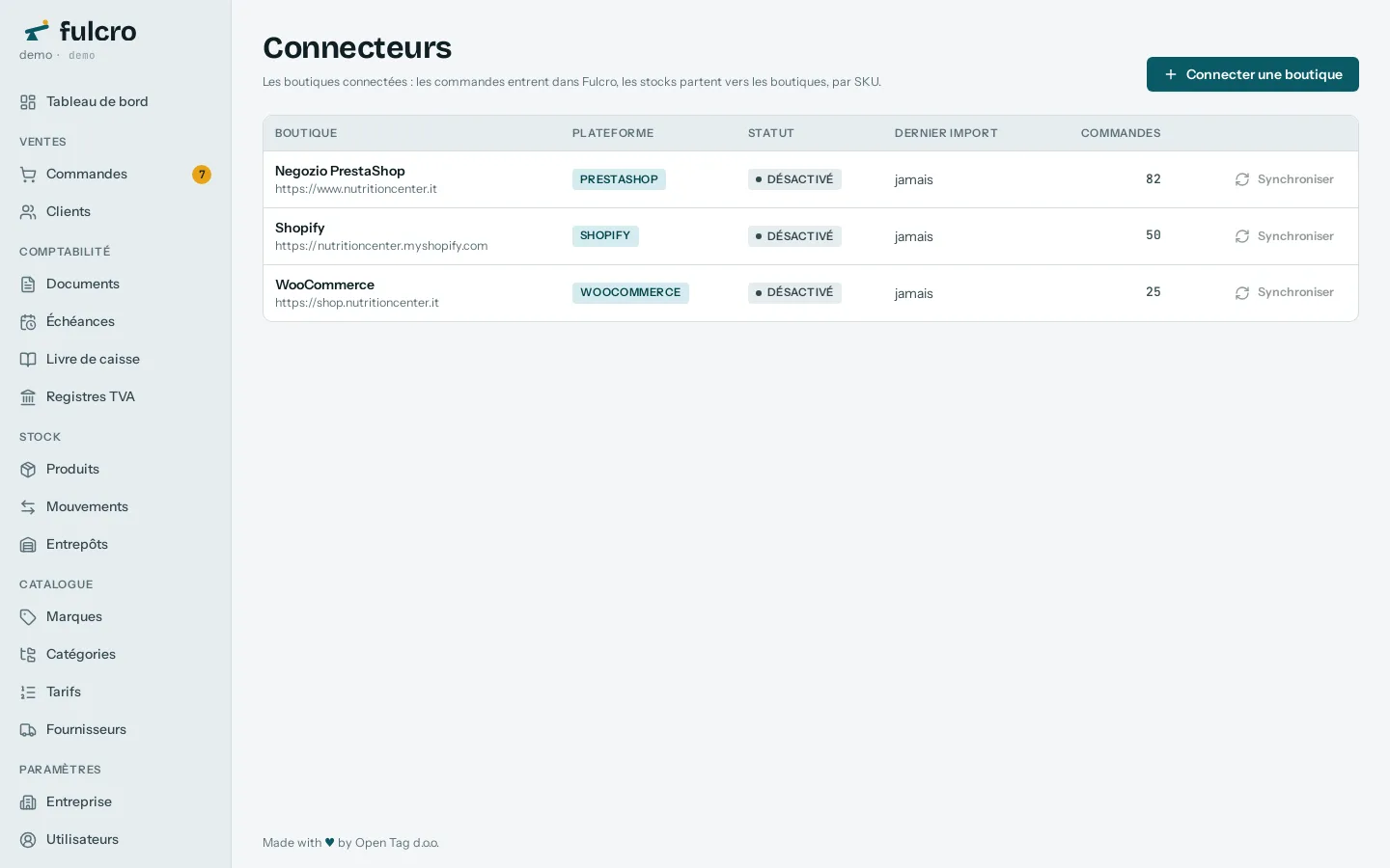Les connecteurs e-commerce de Fulcro : PrestaShop, WooCommerce et Shopify avec statut et dernière synchronisation