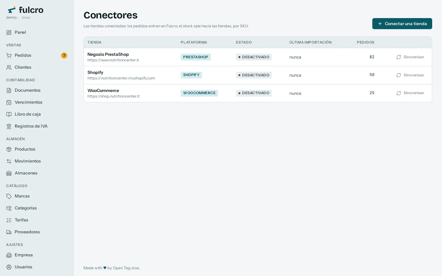 Los conectores e-commerce de Fulcro: PrestaShop, WooCommerce y Shopify con estado y última sincronización