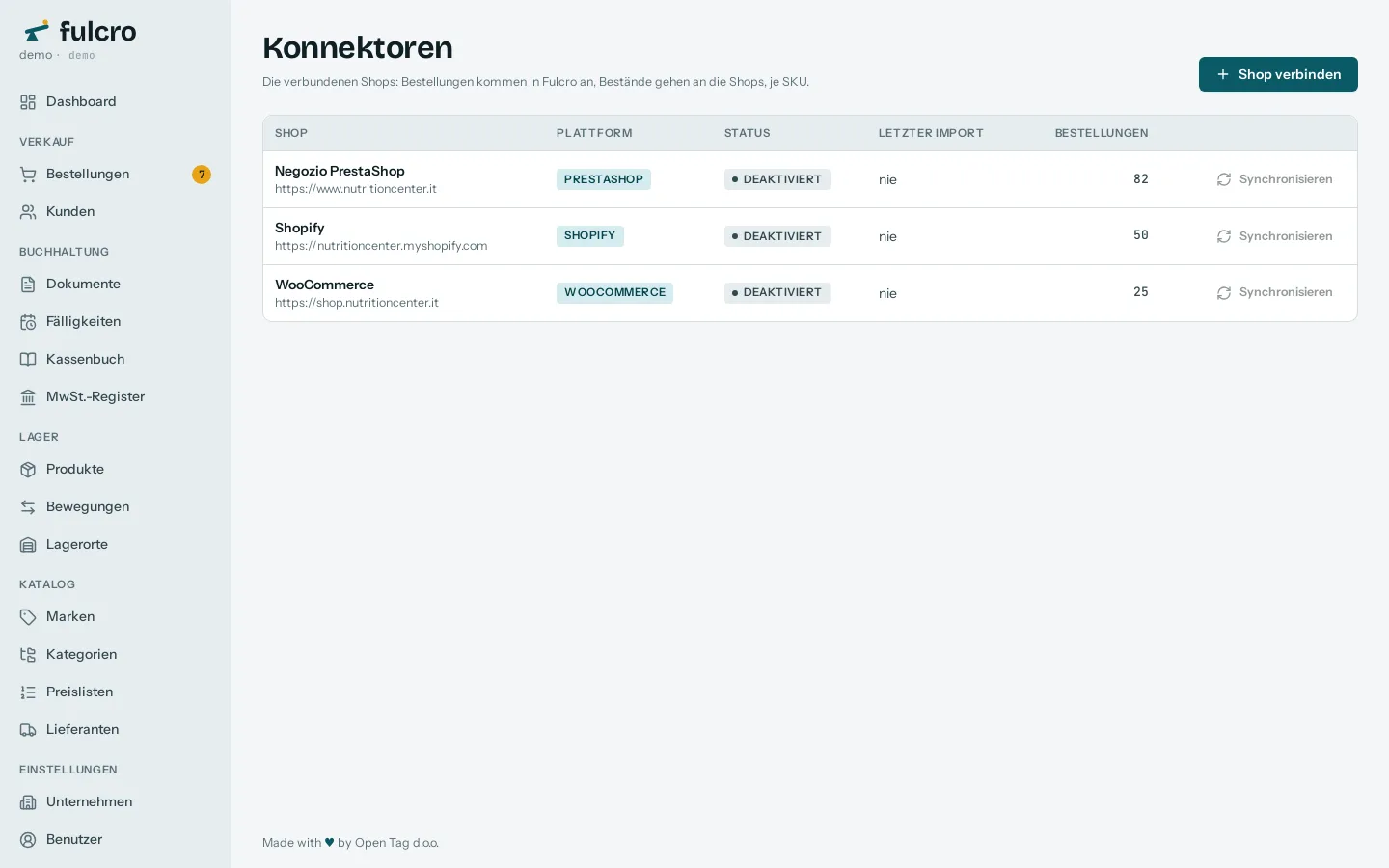 Die E-Commerce-Konnektoren von Fulcro: PrestaShop, WooCommerce und Shopify mit Status und letzter Synchronisierung
