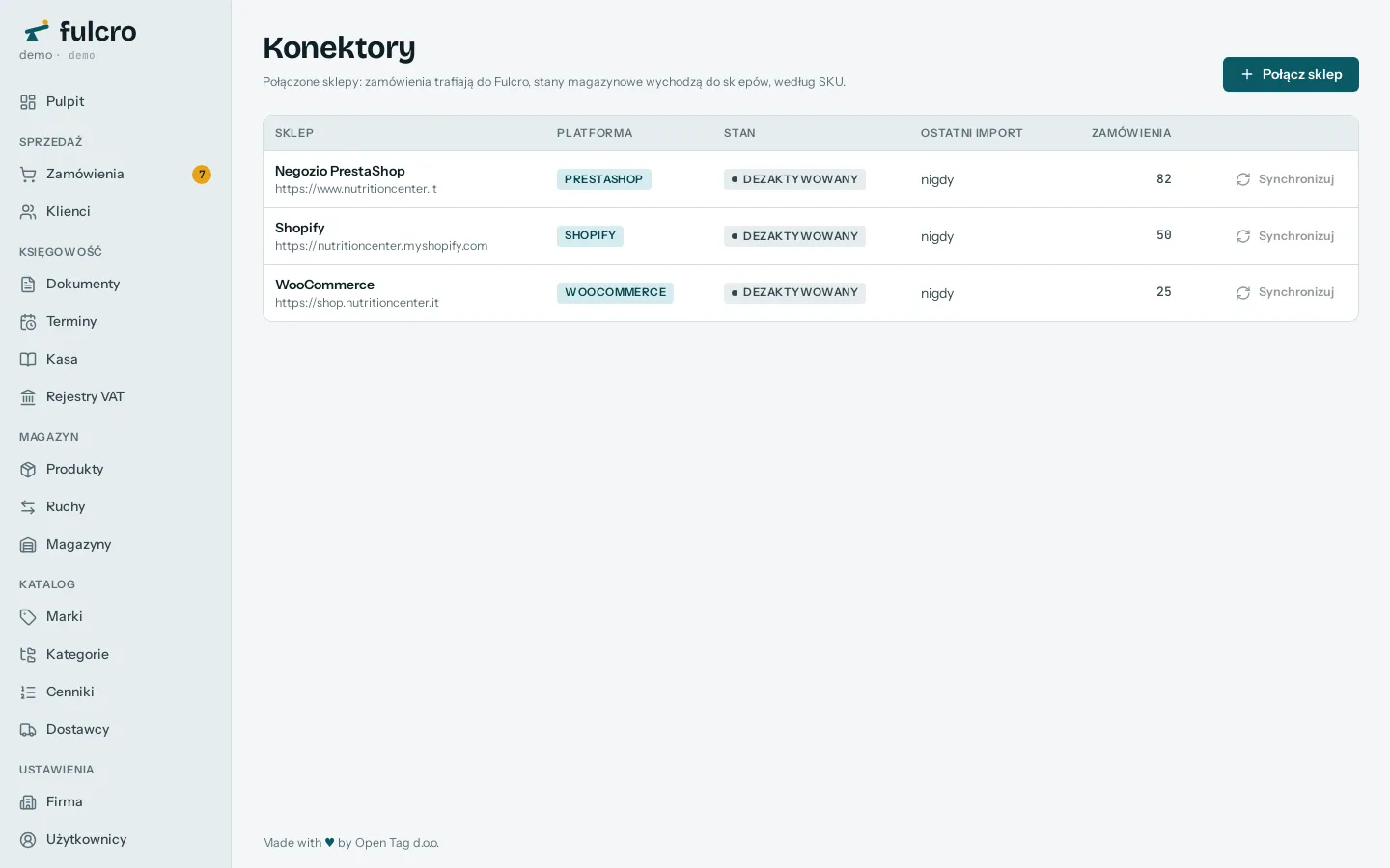 Konektory e-commerce w Fulcro: PrestaShop, WooCommerce i Shopify ze statusem i ostatnią synchronizacją