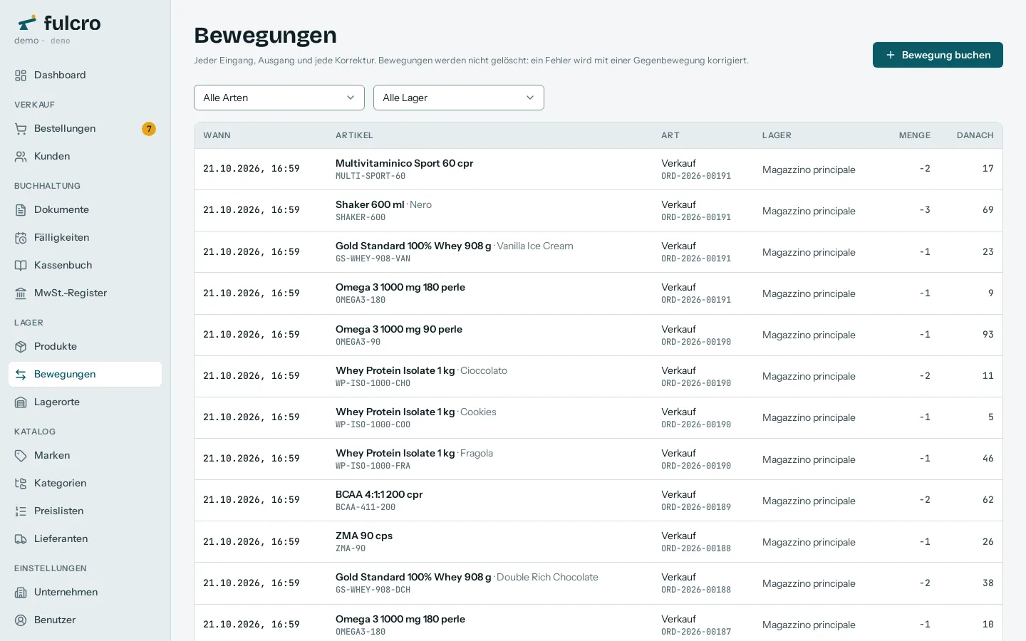 Die Lagerbewegungen in Fulcro: Art, Artikel, Lager, Menge und Referenz