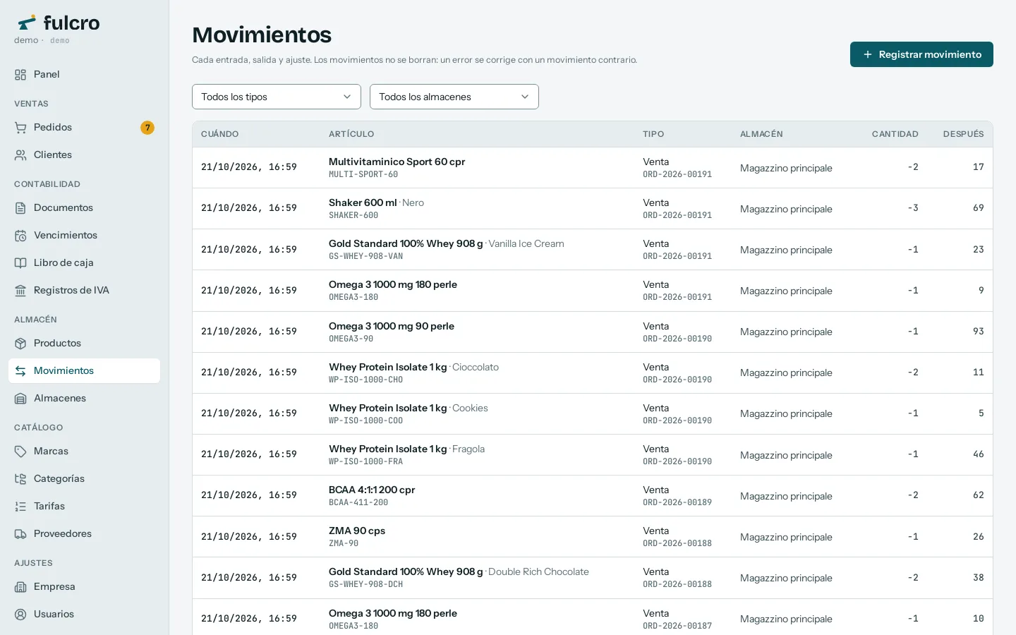 Los movimientos de almacén de Fulcro: tipo, artículo, almacén, cantidad y referencia