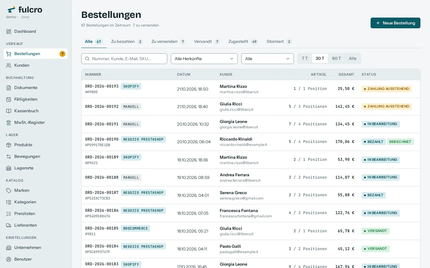 Die Bestellliste von Fulcro: Nummer, Herkunftsshop, Datum, Kunde, Positionen, Summe und Status