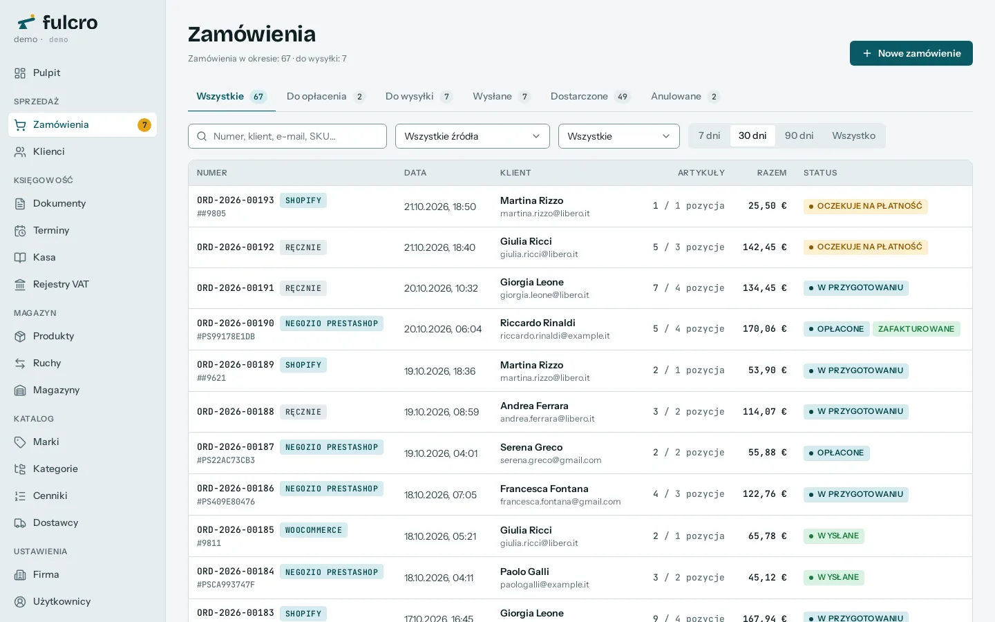 Lista zamówień w Fulcro: numer, sklep źródłowy, data, klient, pozycje, suma i status