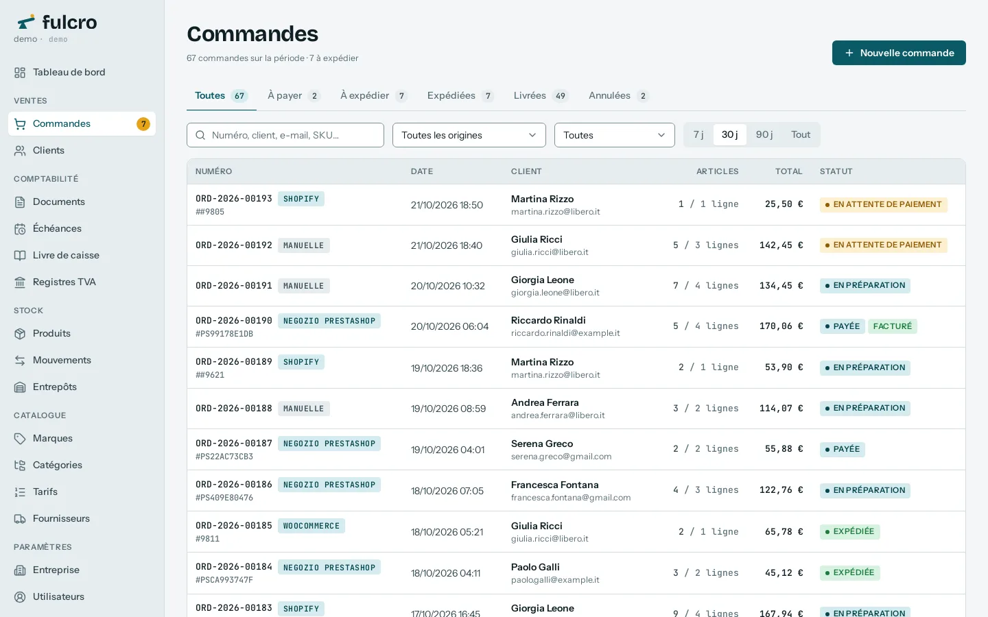 La liste des commandes de Fulcro : numéro, boutique d'origine, date, client, lignes, total et statut