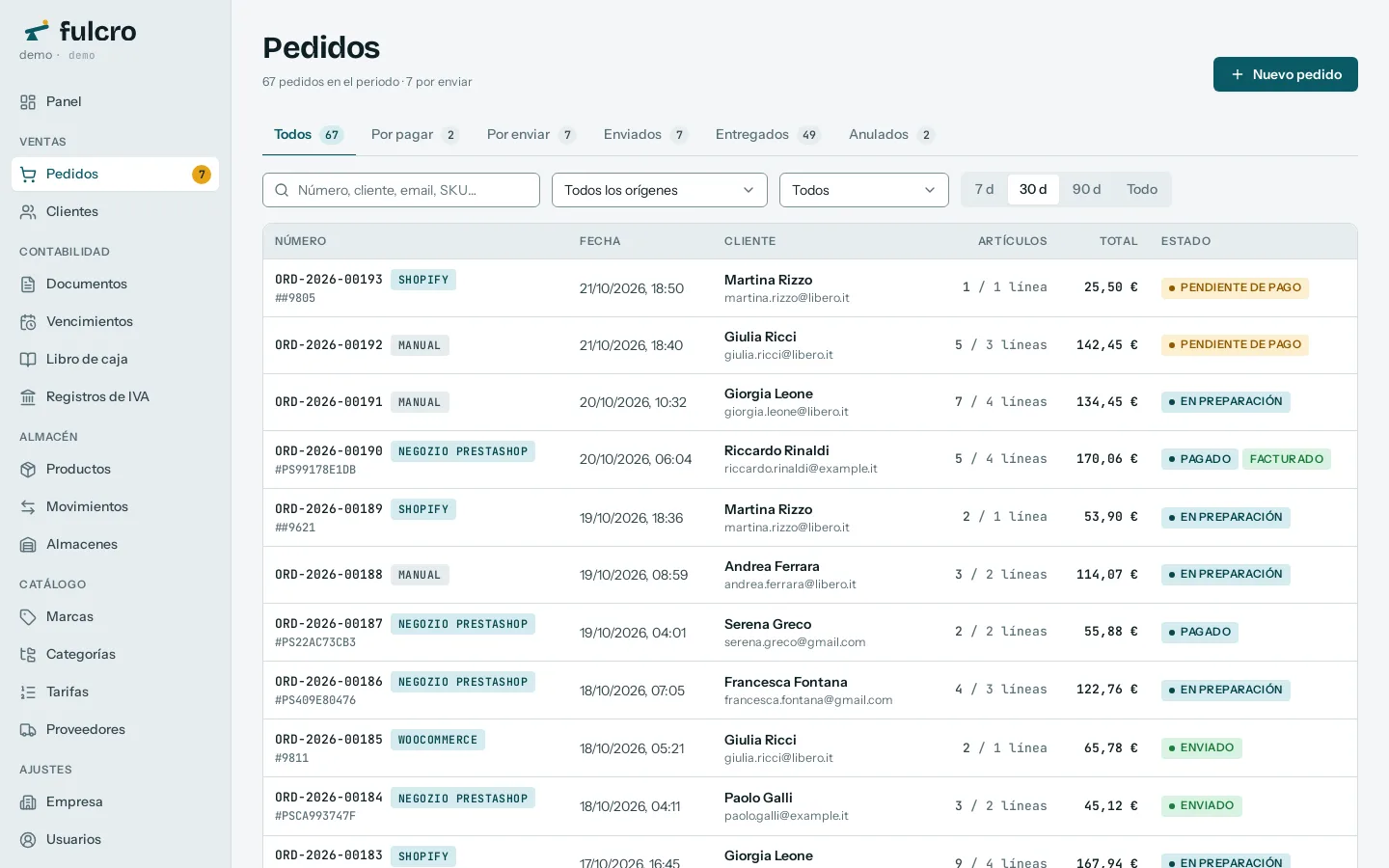 La lista de pedidos de Fulcro: número, tienda de origen, fecha, cliente, líneas, total y estado